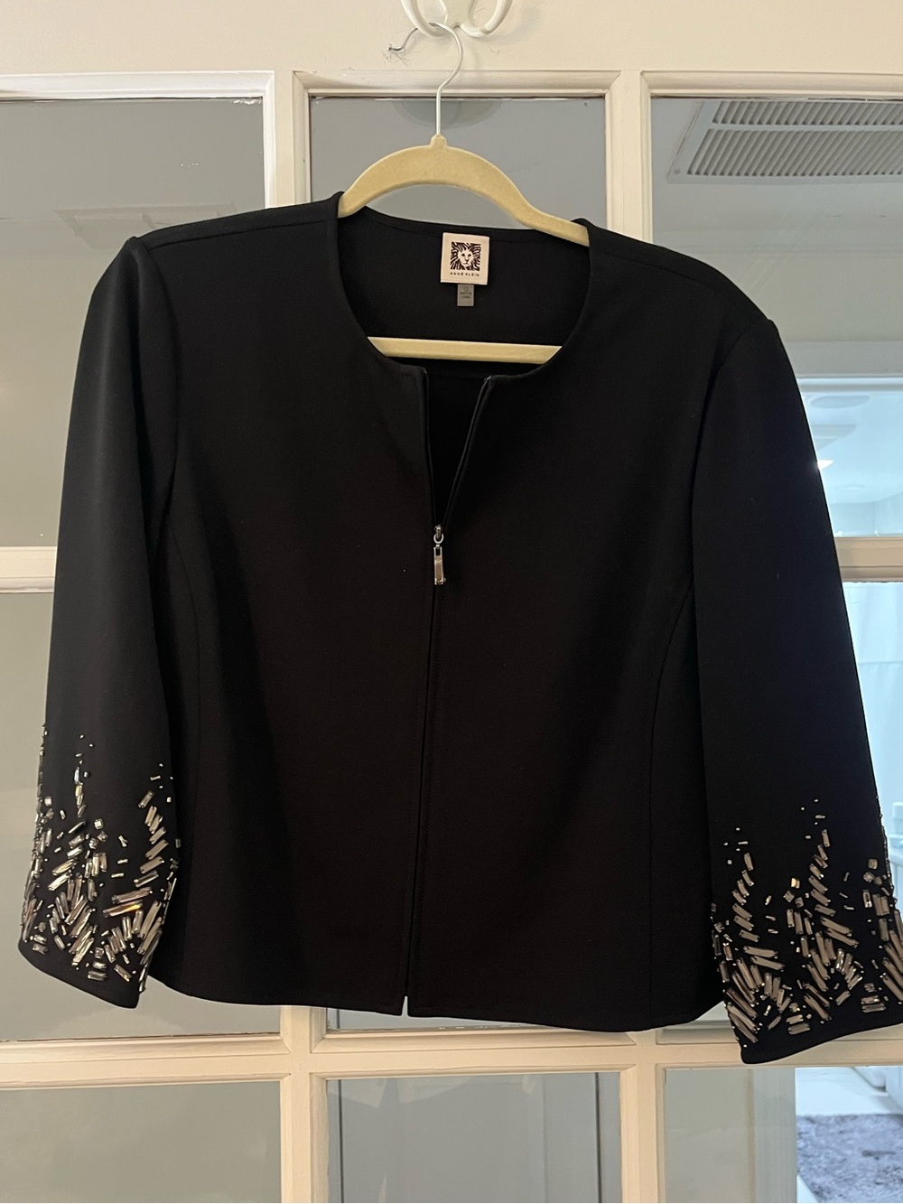 Anne Klein Bolero Style Crystal Trim Black Zip-Front Jacket, Black Tie, sz 12